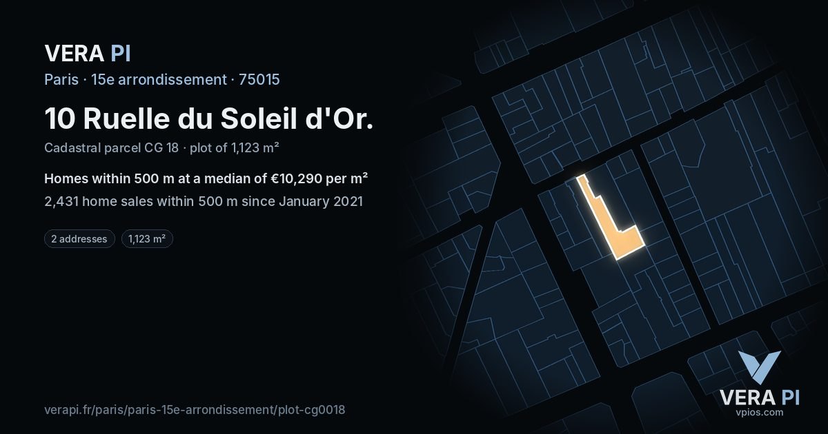10 Ruelle du Soleil d'Or, 15e arrondissement at night – the plot lit, the parcels around coloured by the prices near them