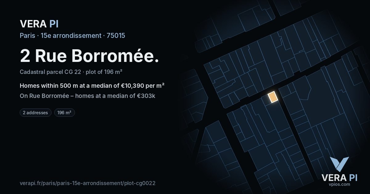 2 Rue Borromée, 15e arrondissement at night – the plot lit, the parcels around coloured by the prices near them