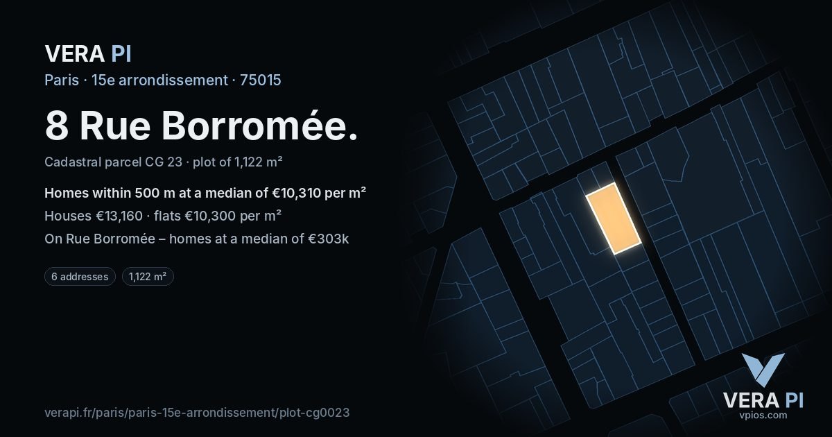 8 Rue Borromée, 15e arrondissement at night – the plot lit, the parcels around coloured by the prices near them