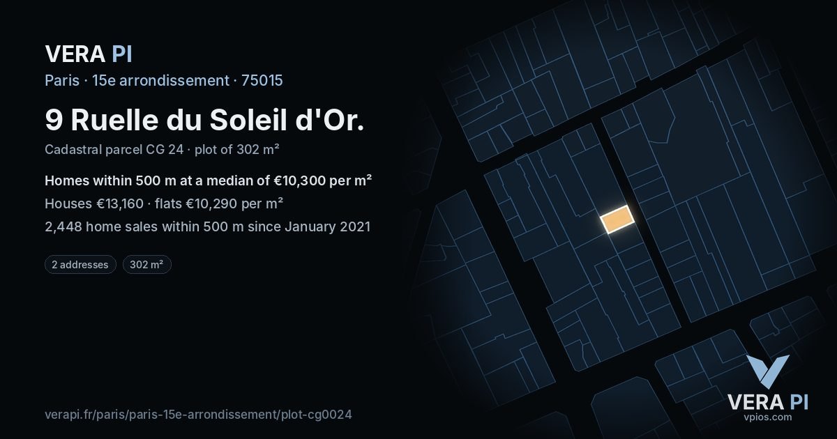 9 Ruelle du Soleil d'Or, 15e arrondissement at night – the plot lit, the parcels around coloured by the prices near them