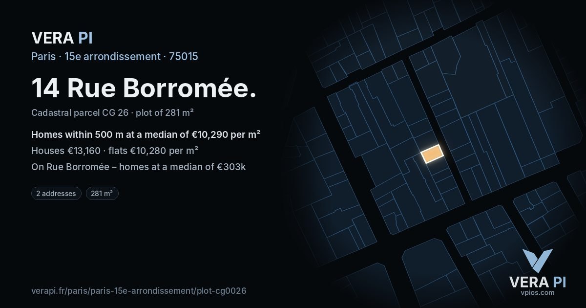 14 Rue Borromée, 15e arrondissement at night – the plot lit, the parcels around coloured by the prices near them