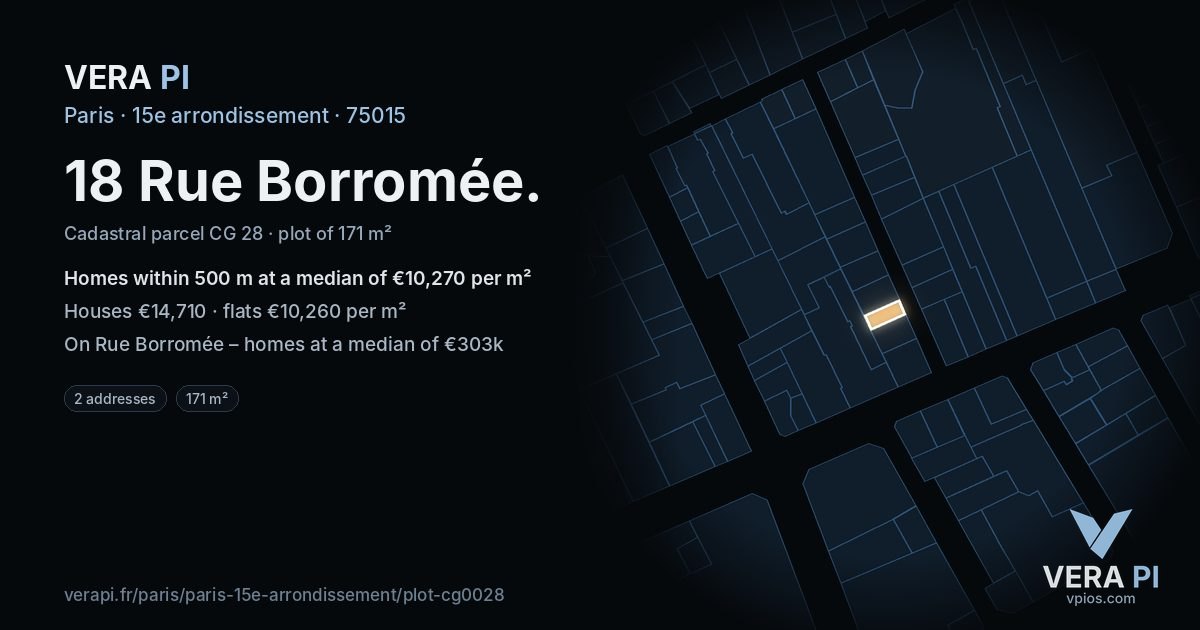 18 Rue Borromée, 15e arrondissement at night – the plot lit, the parcels around coloured by the prices near them