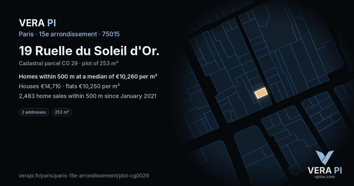 19 Ruelle du Soleil d'Or, 15e arrondissement at night – the plot lit, the parcels around coloured by the prices near them
