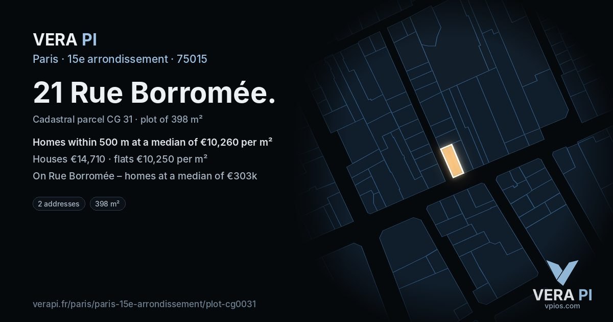 21 Rue Borromée, 15e arrondissement at night – the plot lit, the parcels around coloured by the prices near them
