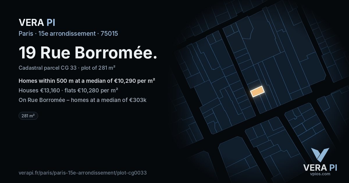 19 Rue Borromée, 15e arrondissement at night – the plot lit, the parcels around coloured by the prices near them