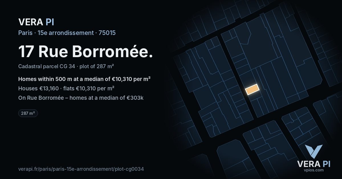 17 Rue Borromée, 15e arrondissement at night – the plot lit, the parcels around coloured by the prices near them