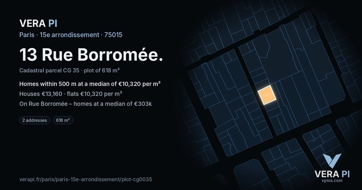 13 Rue Borromée, 15e arrondissement at night – the plot lit, the parcels around coloured by the prices near them