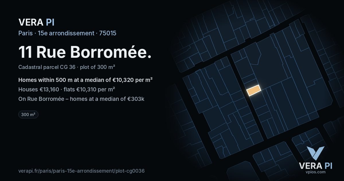 11 Rue Borromée, 15e arrondissement at night – the plot lit, the parcels around coloured by the prices near them