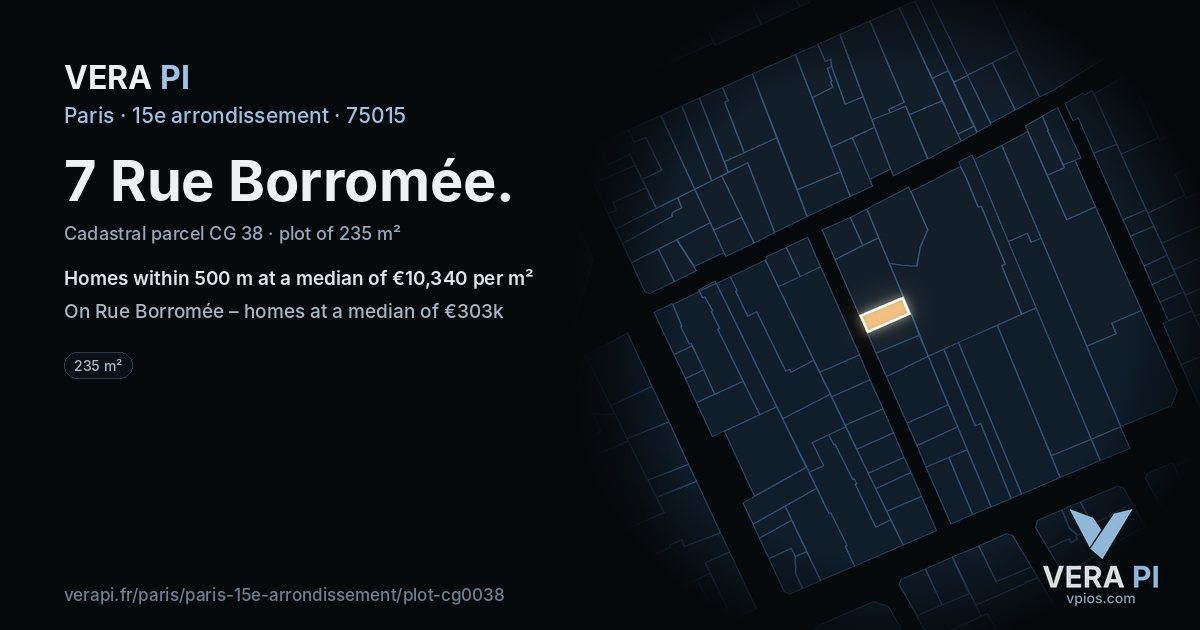 7 Rue Borromée, 15e arrondissement at night – the plot lit, the parcels around coloured by the prices near them