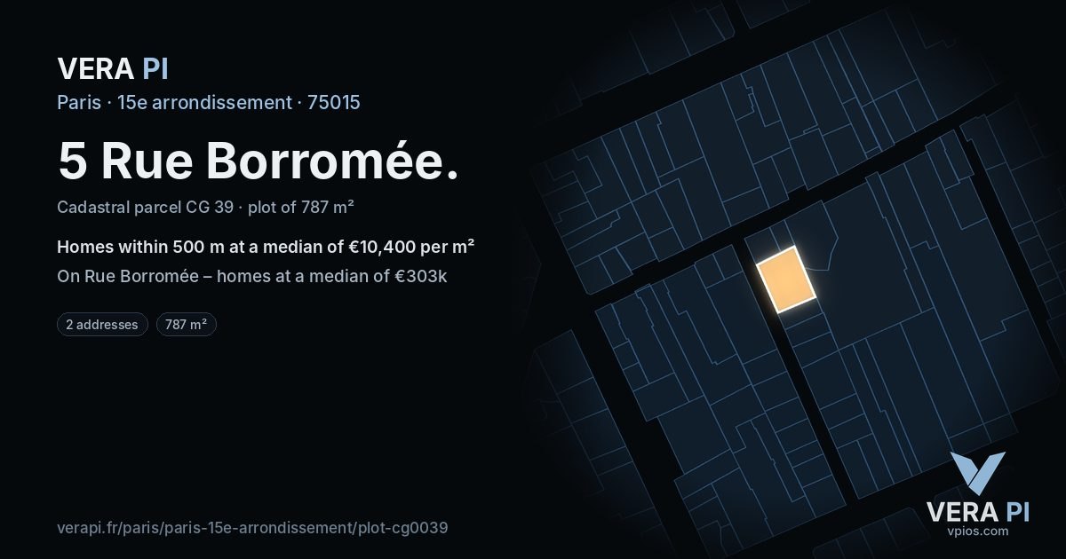 5 Rue Borromée, 15e arrondissement at night – the plot lit, the parcels around coloured by the prices near them