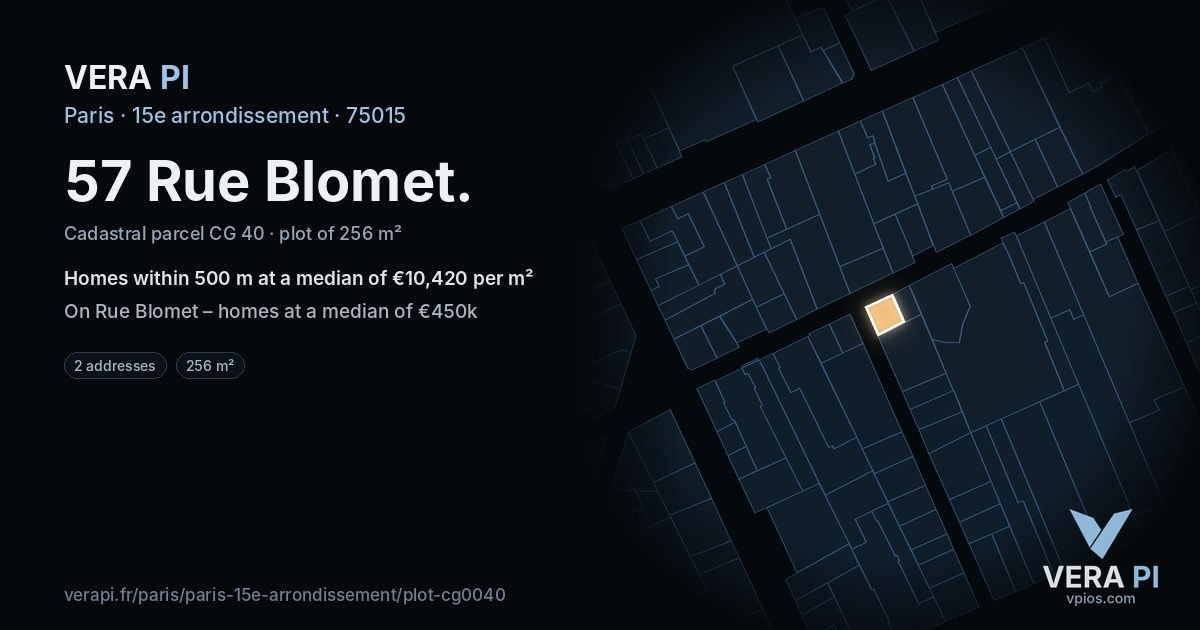 57 Rue Blomet, 15e arrondissement at night – the plot lit, the parcels around coloured by the prices near them