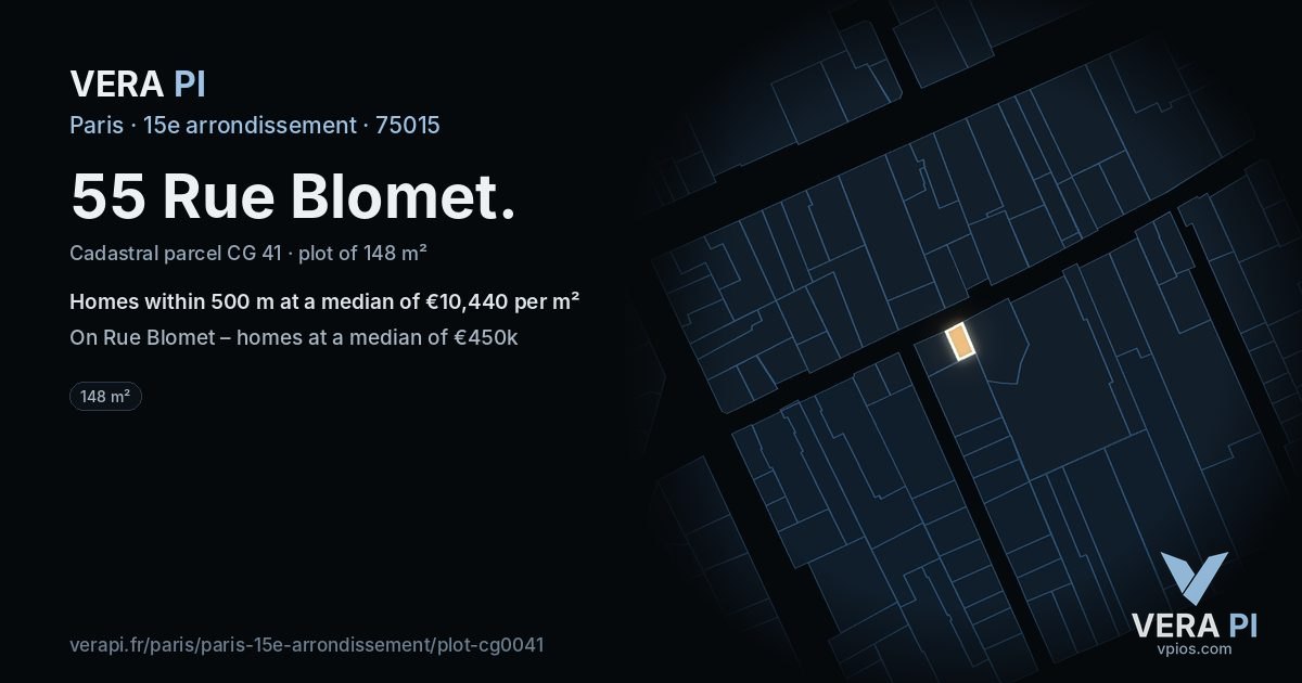 55 Rue Blomet, 15e arrondissement at night – the plot lit, the parcels around coloured by the prices near them
