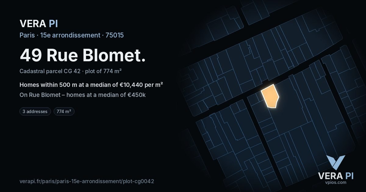 49 Rue Blomet, 15e arrondissement at night – the plot lit, the parcels around coloured by the prices near them