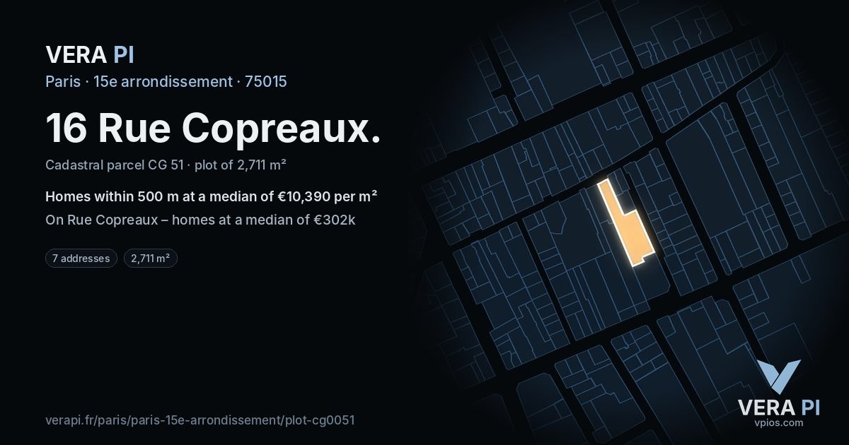 16 Rue Copreaux, 15e arrondissement at night – the plot lit, the parcels around coloured by the prices near them