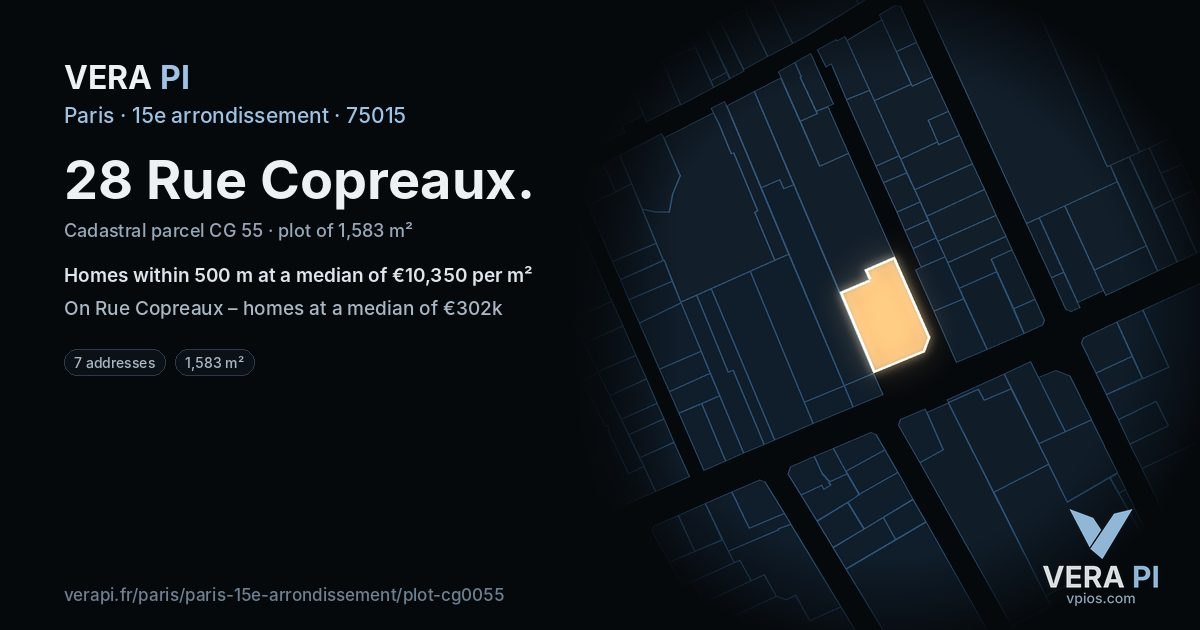 28 Rue Copreaux, 15e arrondissement at night – the plot lit, the parcels around coloured by the prices near them