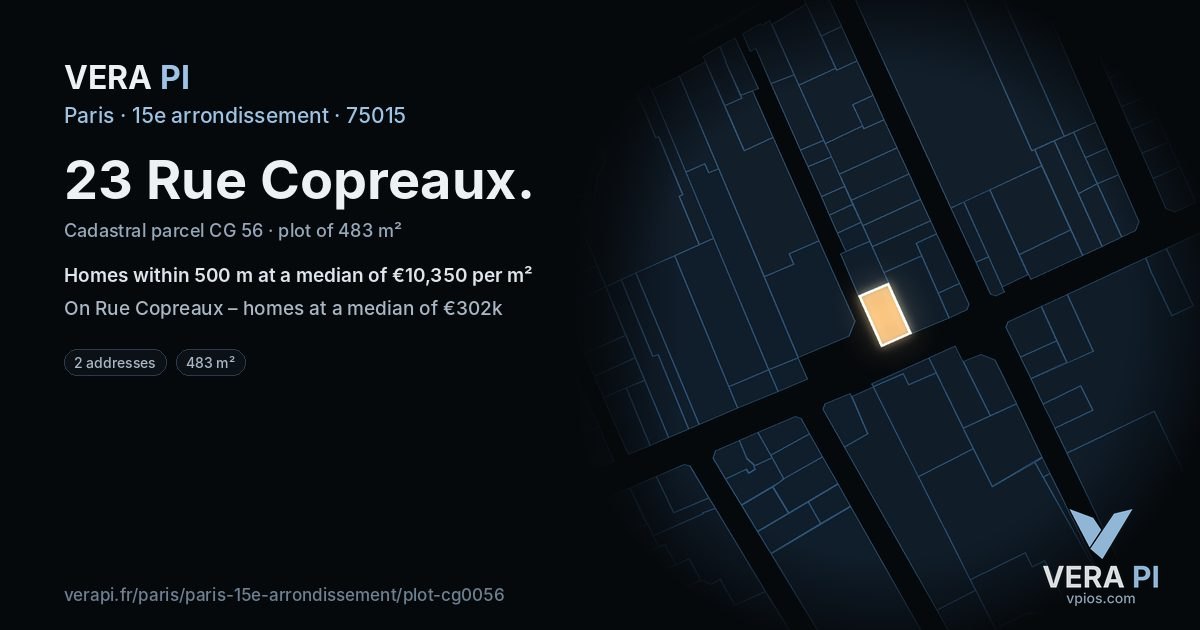 23 Rue Copreaux, 15e arrondissement at night – the plot lit, the parcels around coloured by the prices near them