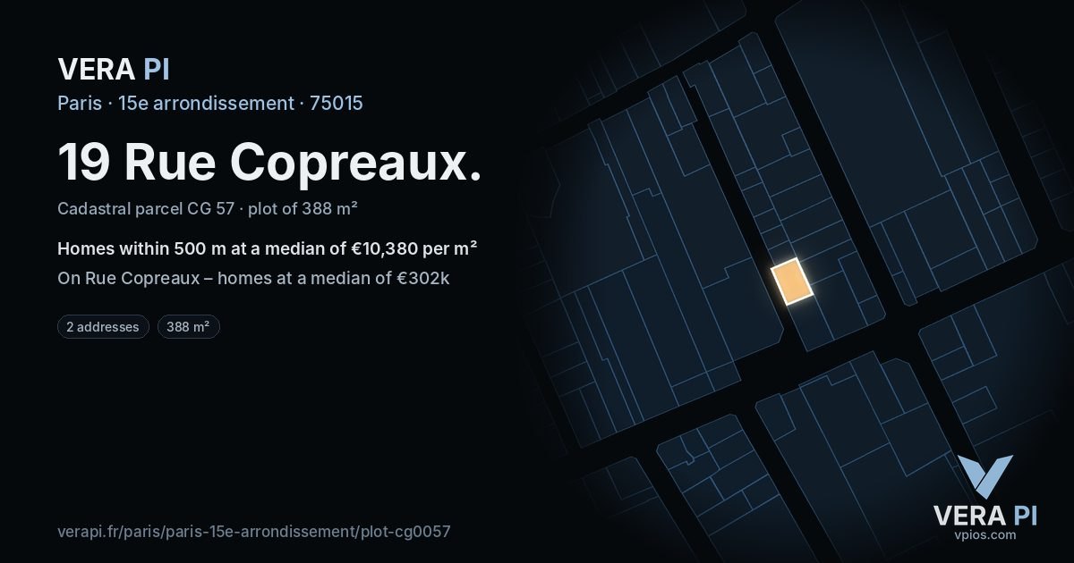 19 Rue Copreaux, 15e arrondissement at night – the plot lit, the parcels around coloured by the prices near them