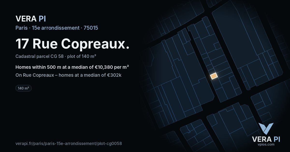17 Rue Copreaux, 15e arrondissement at night – the plot lit, the parcels around coloured by the prices near them