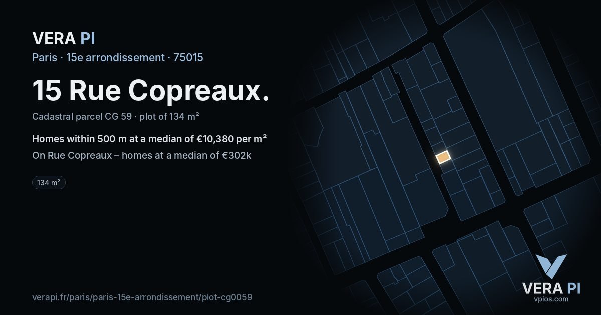 15 Rue Copreaux, 15e arrondissement at night – the plot lit, the parcels around coloured by the prices near them
