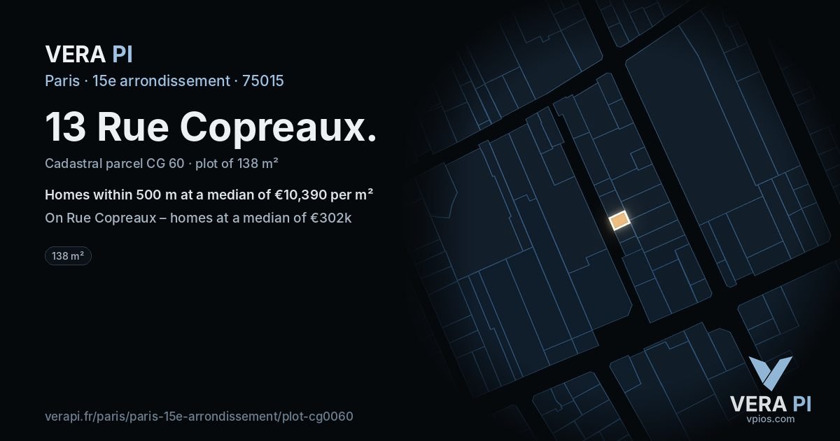 13 Rue Copreaux, 15e arrondissement at night – the plot lit, the parcels around coloured by the prices near them