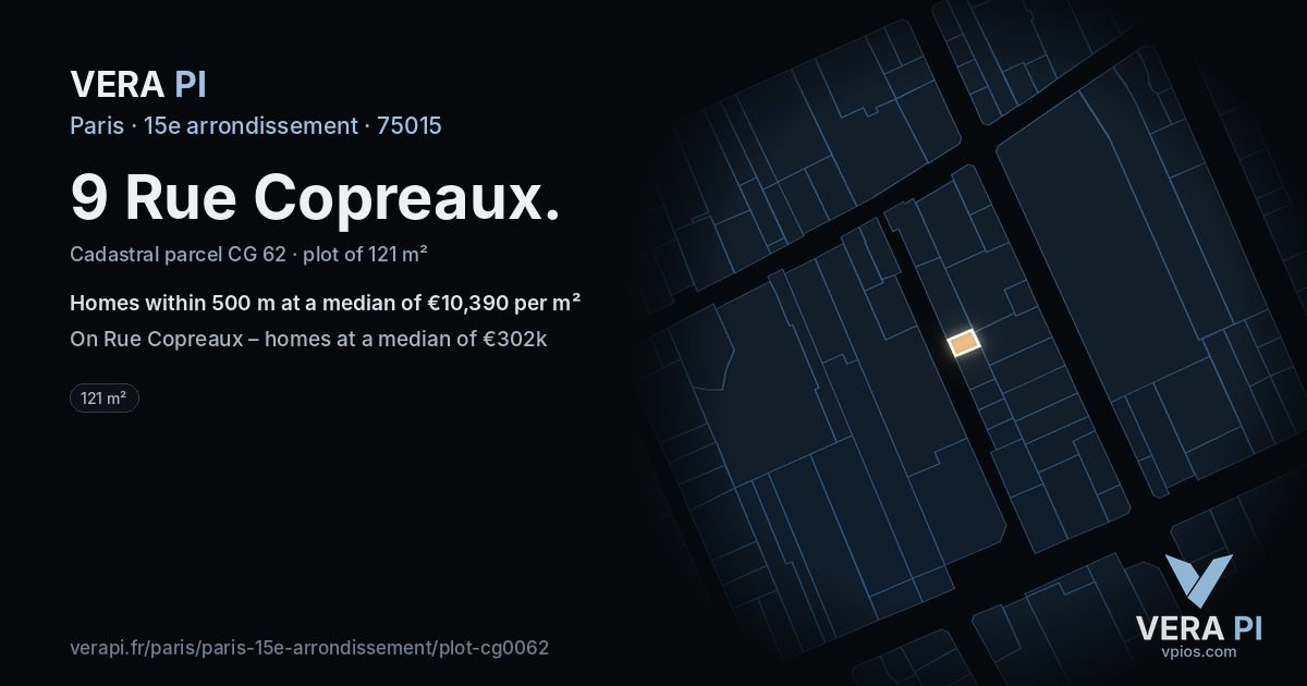 9 Rue Copreaux, 15e arrondissement at night – the plot lit, the parcels around coloured by the prices near them