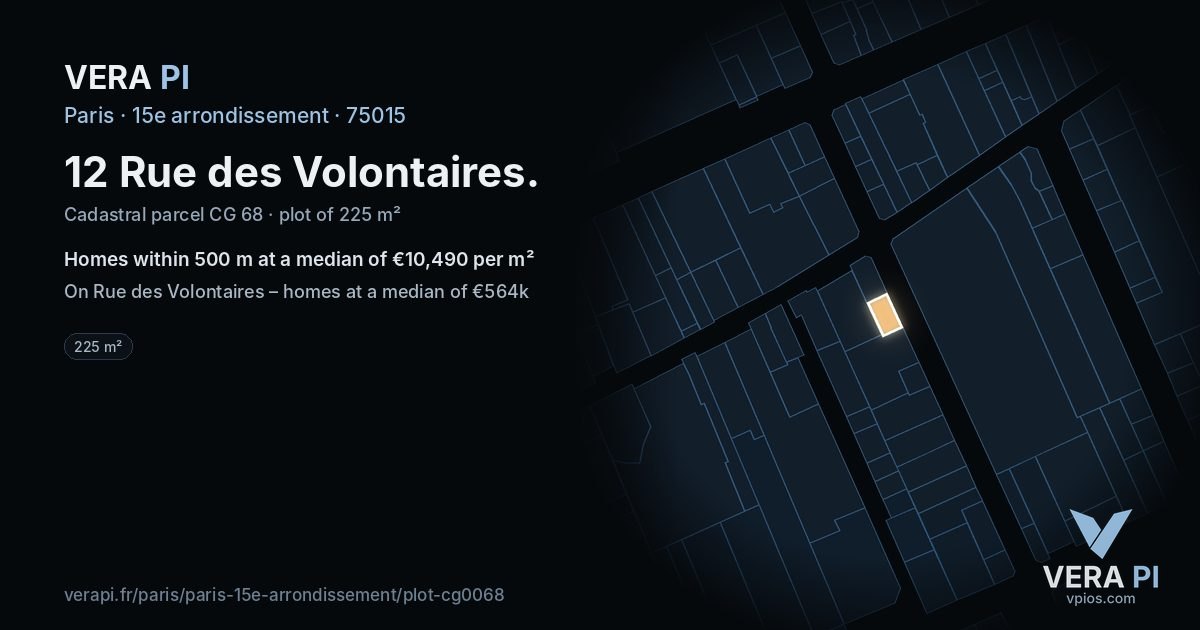 12 Rue des Volontaires, 15e arrondissement at night – the plot lit, the parcels around coloured by the prices near them
