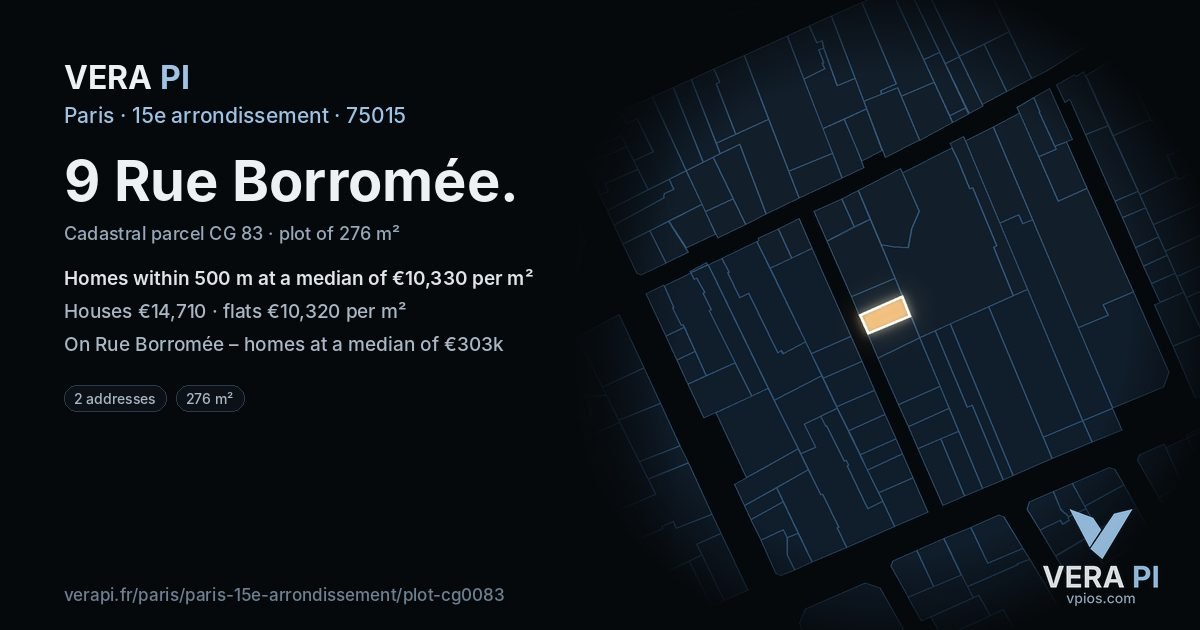 9 Rue Borromée, 15e arrondissement at night – the plot lit, the parcels around coloured by the prices near them