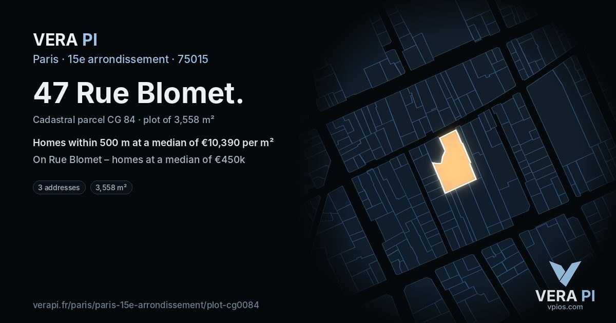 47 Rue Blomet, 15e arrondissement at night – the plot lit, the parcels around coloured by the prices near them