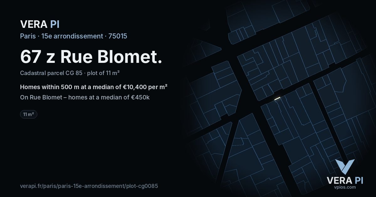 67 z Rue Blomet, 15e arrondissement at night – the plot lit, the parcels around coloured by the prices near them