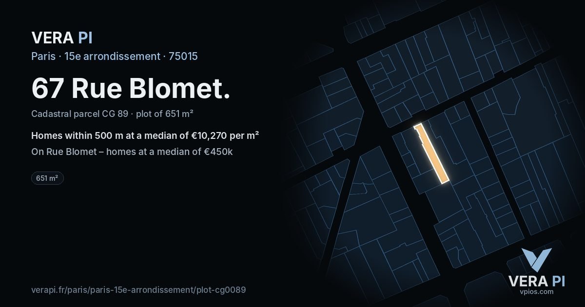 67 Rue Blomet, 15e arrondissement at night – the plot lit, the parcels around coloured by the prices near them