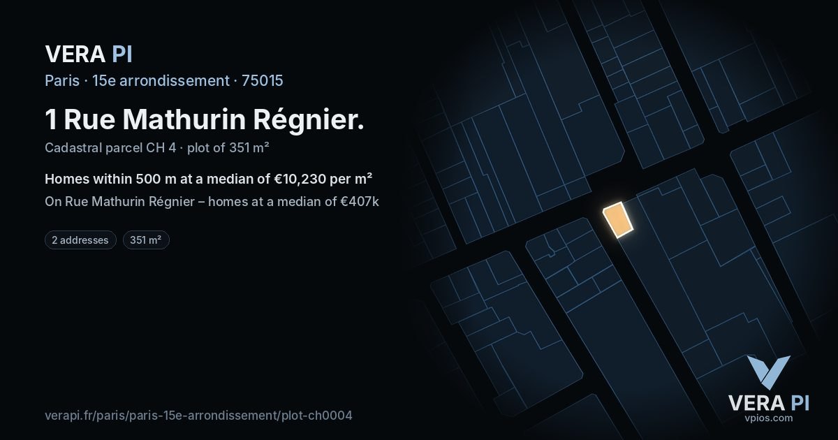 1 Rue Mathurin Régnier, 15e arrondissement at night – the plot lit, the parcels around coloured by the prices near them