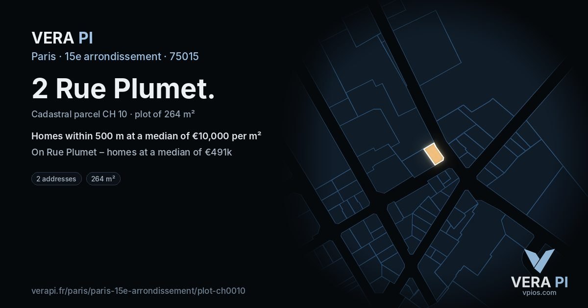2 Rue Plumet, 15e arrondissement at night – the plot lit, the parcels around coloured by the prices near them