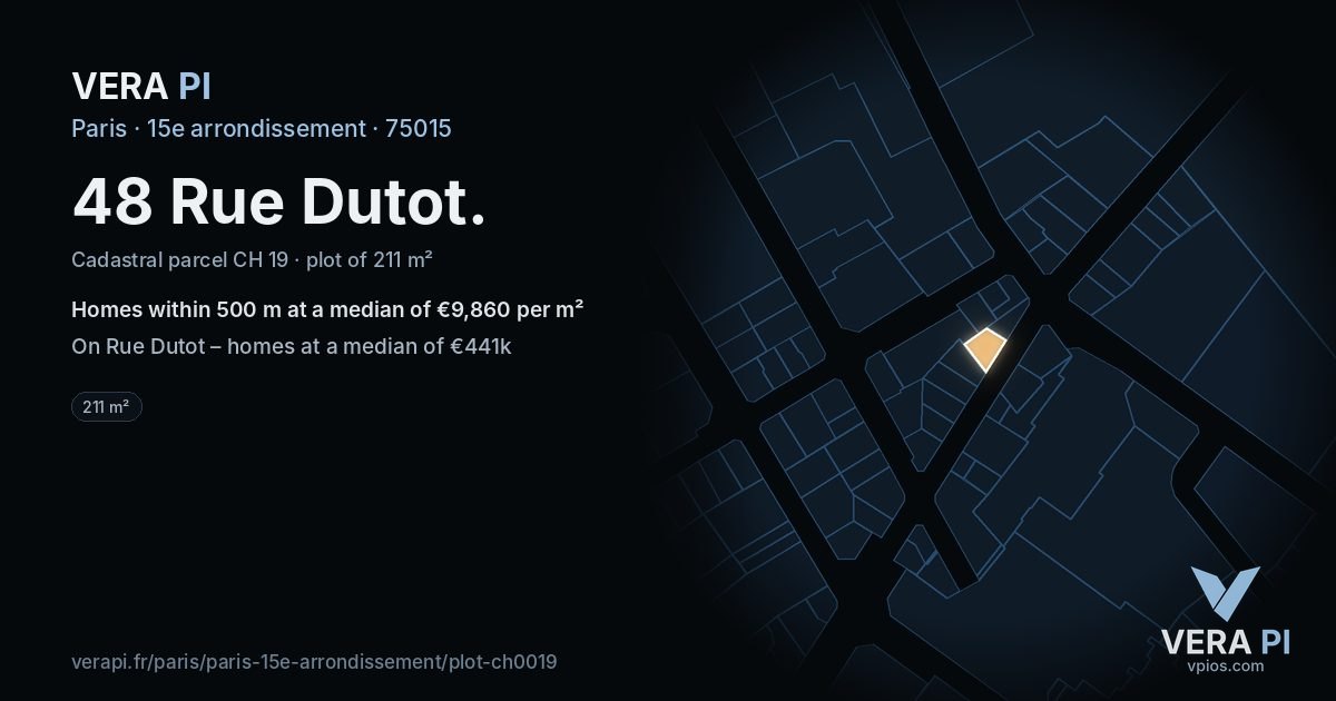 48 Rue Dutot, 15e arrondissement at night – the plot lit, the parcels around coloured by the prices near them
