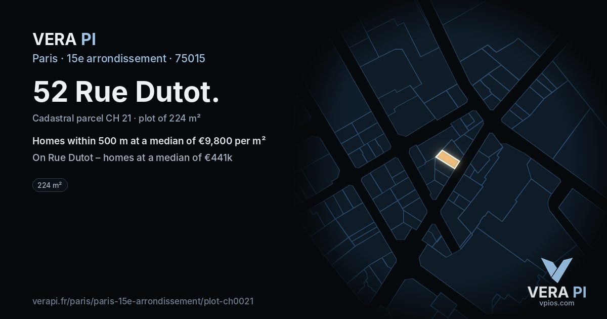 52 Rue Dutot, 15e arrondissement at night – the plot lit, the parcels around coloured by the prices near them