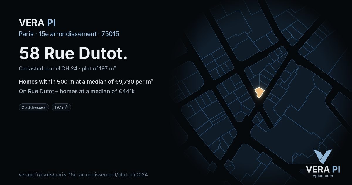 58 Rue Dutot, 15e arrondissement at night – the plot lit, the parcels around coloured by the prices near them