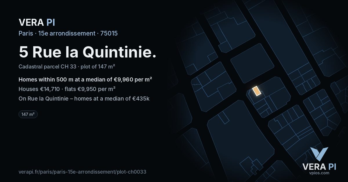 5 Rue la Quintinie, 15e arrondissement at night – the plot lit, the parcels around coloured by the prices near them