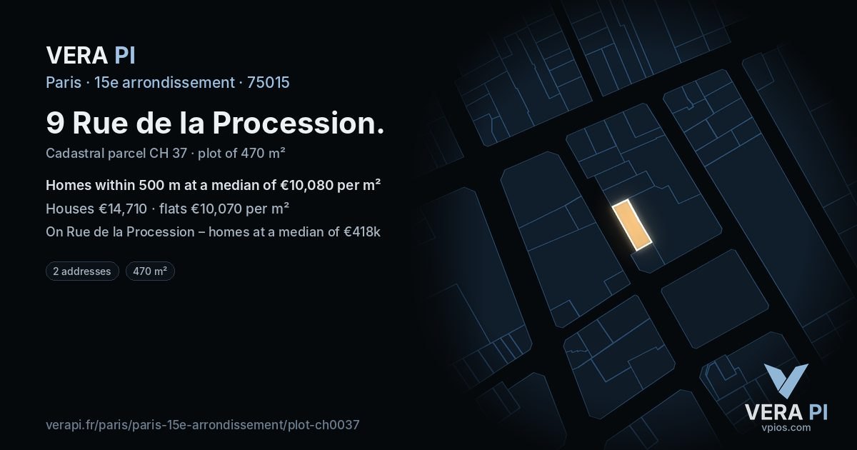9 Rue de la Procession, 15e arrondissement at night – the plot lit, the parcels around coloured by the prices near them