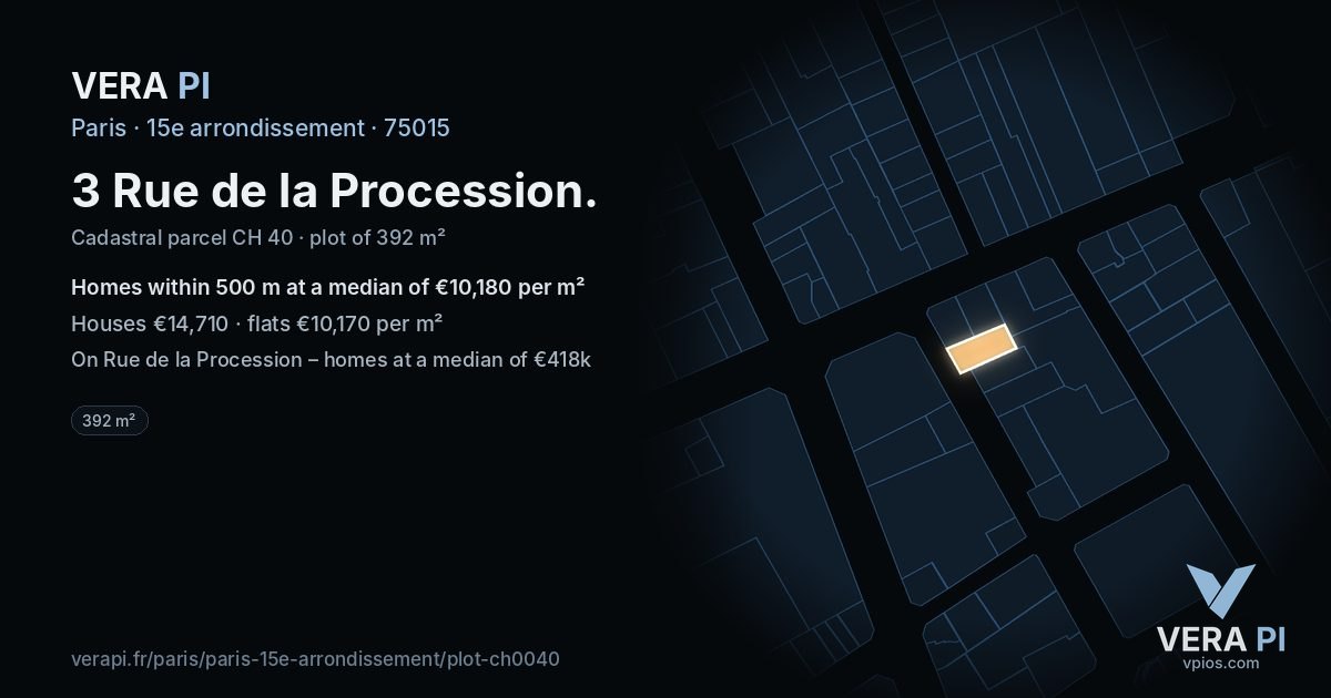 3 Rue de la Procession, 15e arrondissement at night – the plot lit, the parcels around coloured by the prices near them