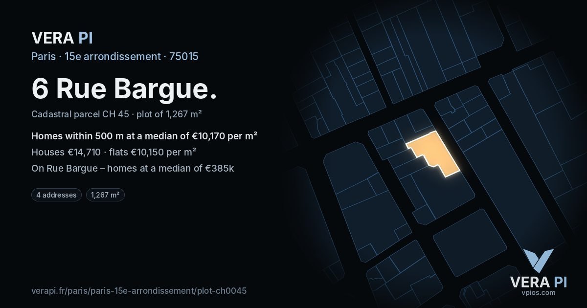 6 Rue Bargue, 15e arrondissement at night – the plot lit, the parcels around coloured by the prices near them