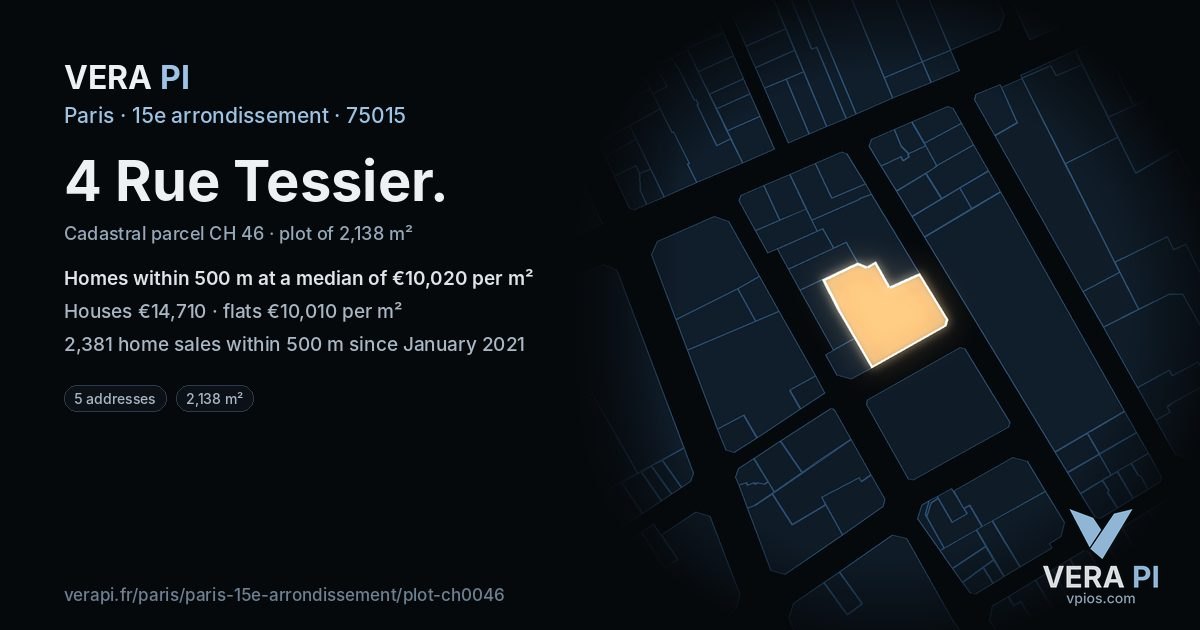 4 Rue Tessier, 15e arrondissement at night – the plot lit, the parcels around coloured by the prices near them