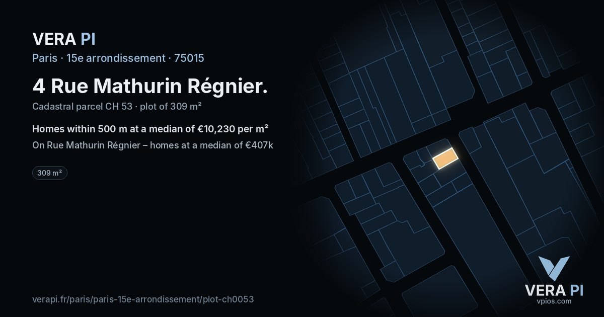 4 Rue Mathurin Régnier, 15e arrondissement at night – the plot lit, the parcels around coloured by the prices near them