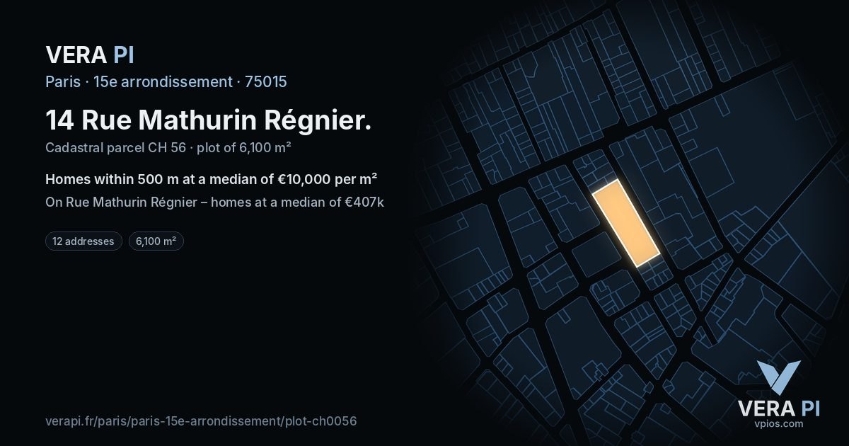 14 Rue Mathurin Régnier, 15e arrondissement at night – the plot lit, the parcels around coloured by the prices near them