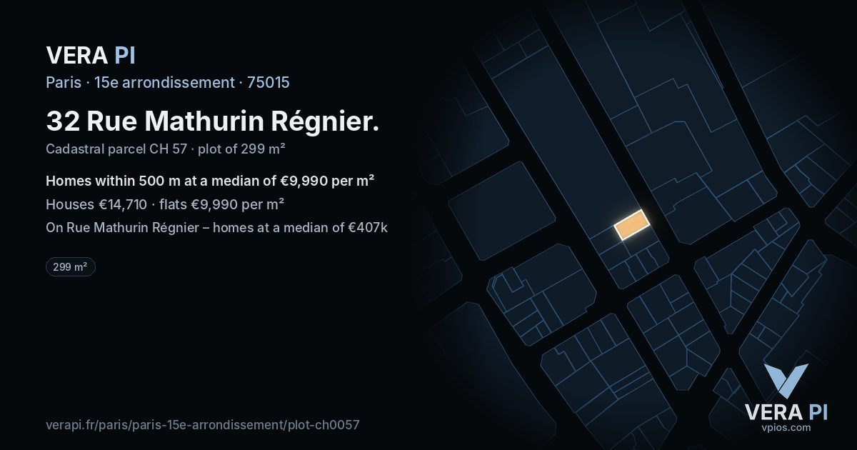 32 Rue Mathurin Régnier, 15e arrondissement at night – the plot lit, the parcels around coloured by the prices near them