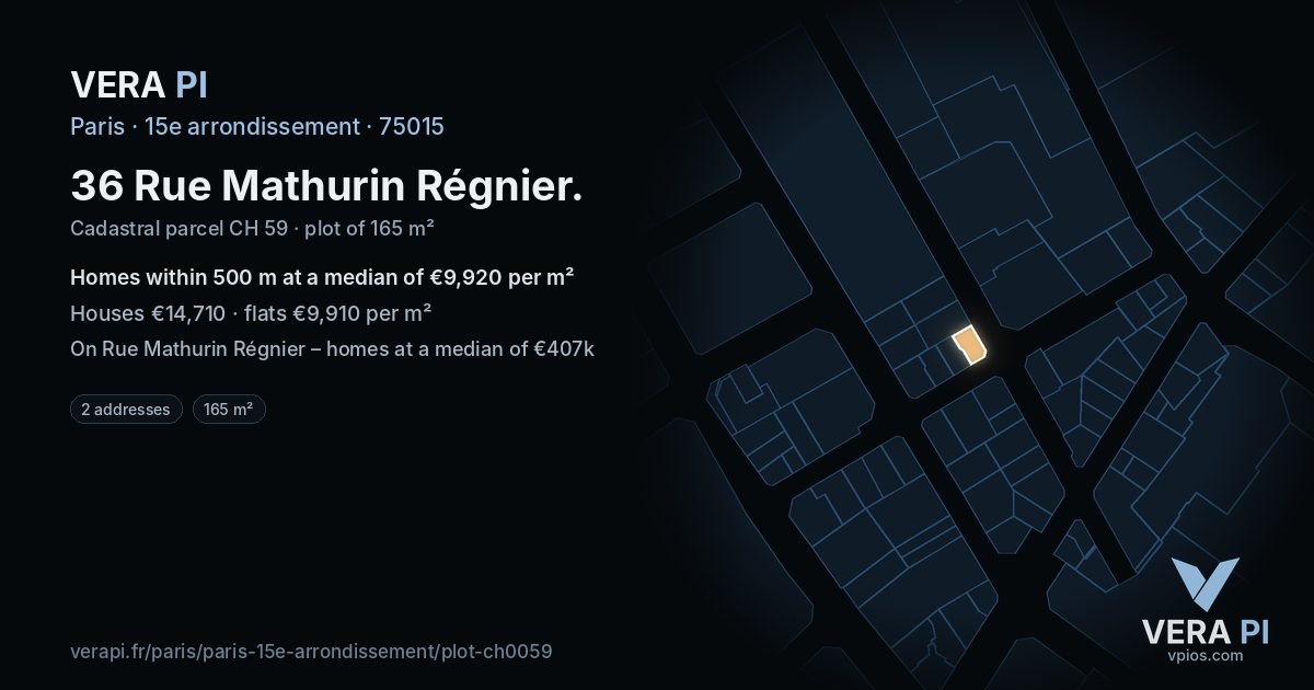 36 Rue Mathurin Régnier, 15e arrondissement at night – the plot lit, the parcels around coloured by the prices near them