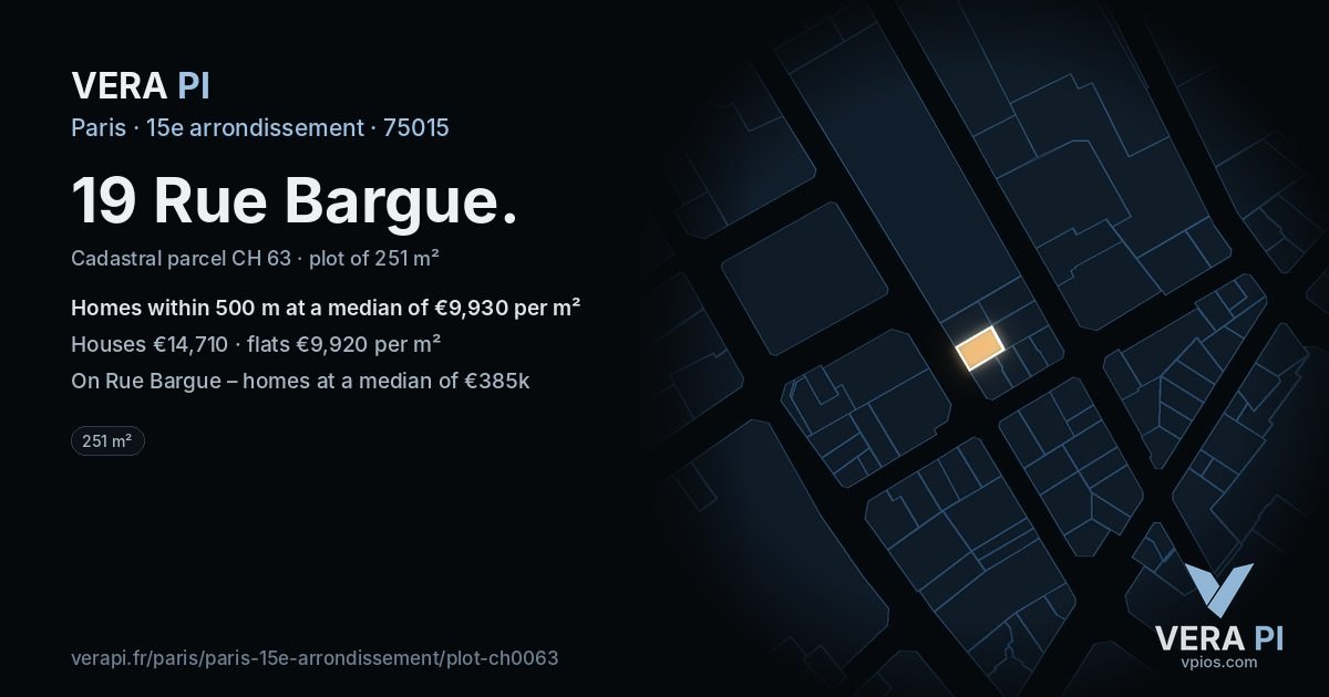19 Rue Bargue, 15e arrondissement at night – the plot lit, the parcels around coloured by the prices near them