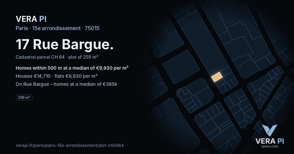 17 Rue Bargue, 15e arrondissement at night – the plot lit, the parcels around coloured by the prices near them
