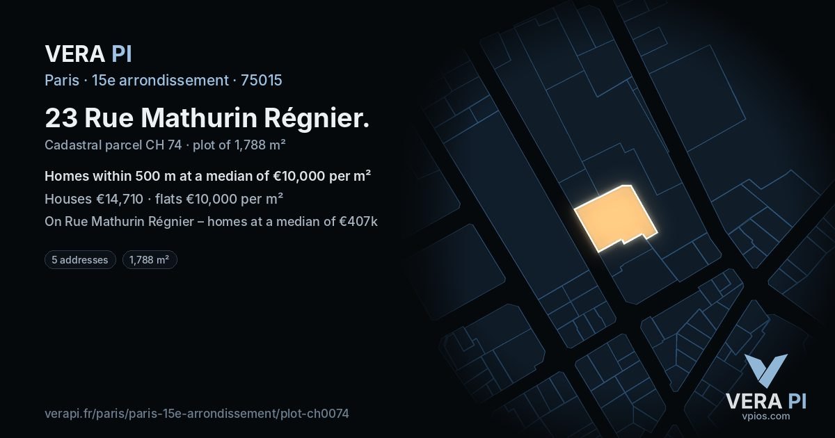 23 Rue Mathurin Régnier, 15e arrondissement at night – the plot lit, the parcels around coloured by the prices near them