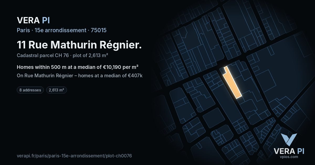 11 Rue Mathurin Régnier, 15e arrondissement at night – the plot lit, the parcels around coloured by the prices near them