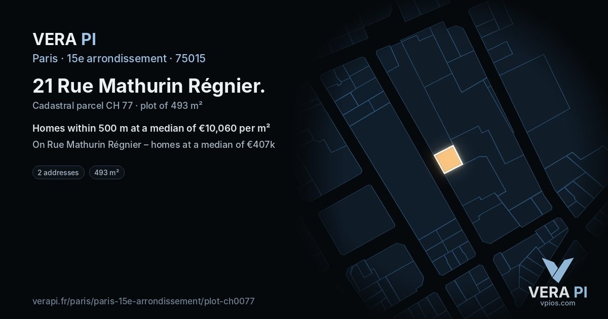 21 Rue Mathurin Régnier, 15e arrondissement at night – the plot lit, the parcels around coloured by the prices near them