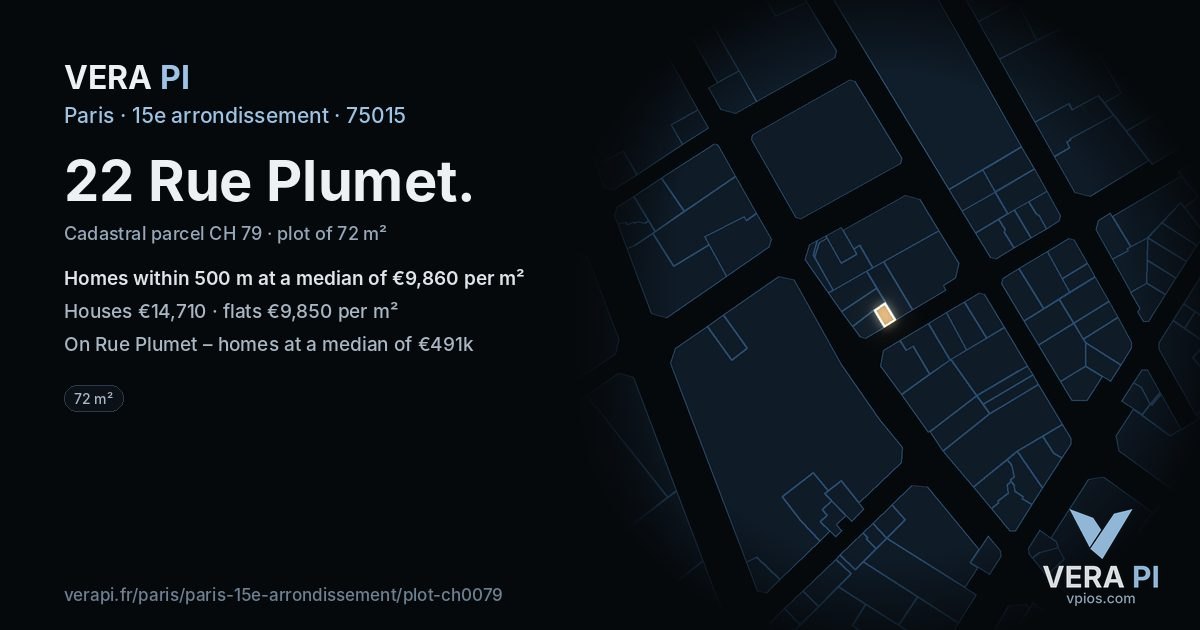 22 Rue Plumet, 15e arrondissement at night – the plot lit, the parcels around coloured by the prices near them